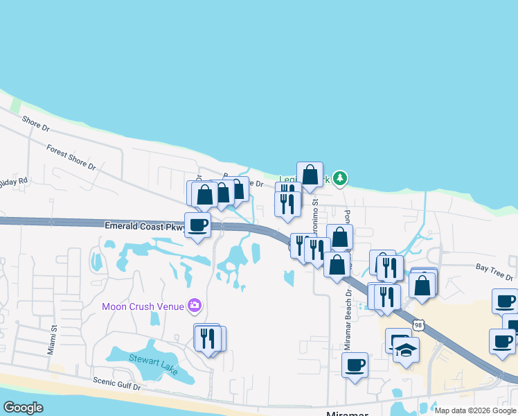 map of restaurants, bars, coffee shops, grocery stores, and more near 11490 U.S. 98 in Miramar Beach