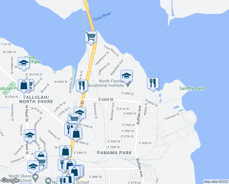 map of restaurants, bars, coffee shops, grocery stores, and more near Bloxham Avenue & East 64th Street in Jacksonville