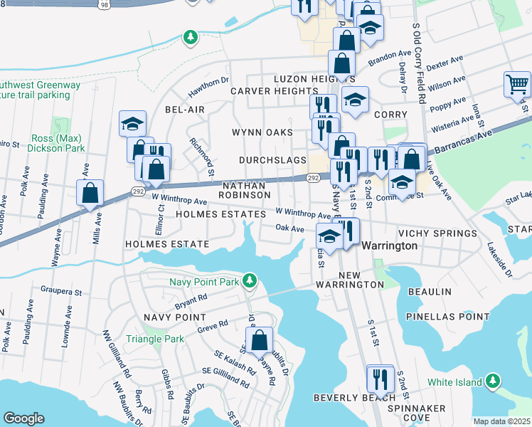 map of restaurants, bars, coffee shops, grocery stores, and more near 223 West Winthrop Avenue in Pensacola