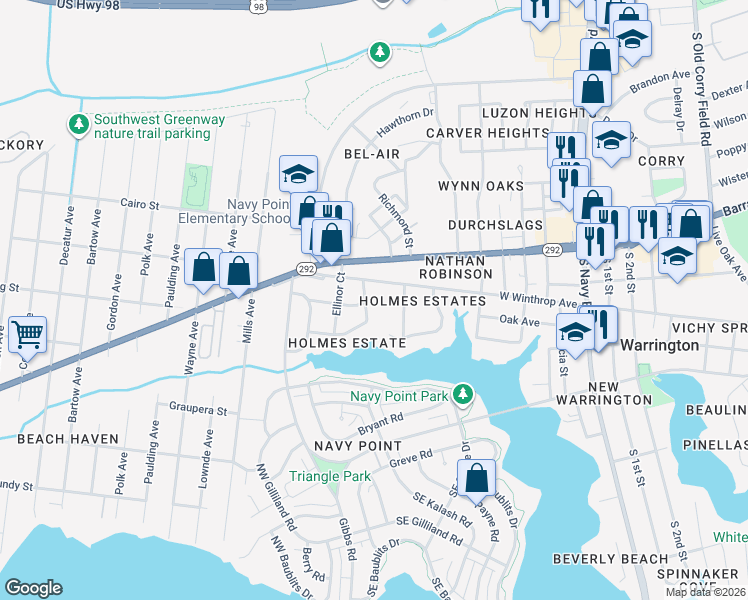 map of restaurants, bars, coffee shops, grocery stores, and more near 5 Manor Drive in Pensacola