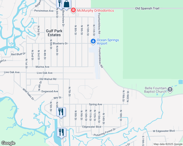 map of restaurants, bars, coffee shops, grocery stores, and more near 8717 Live Oak Avenue in Ocean Springs