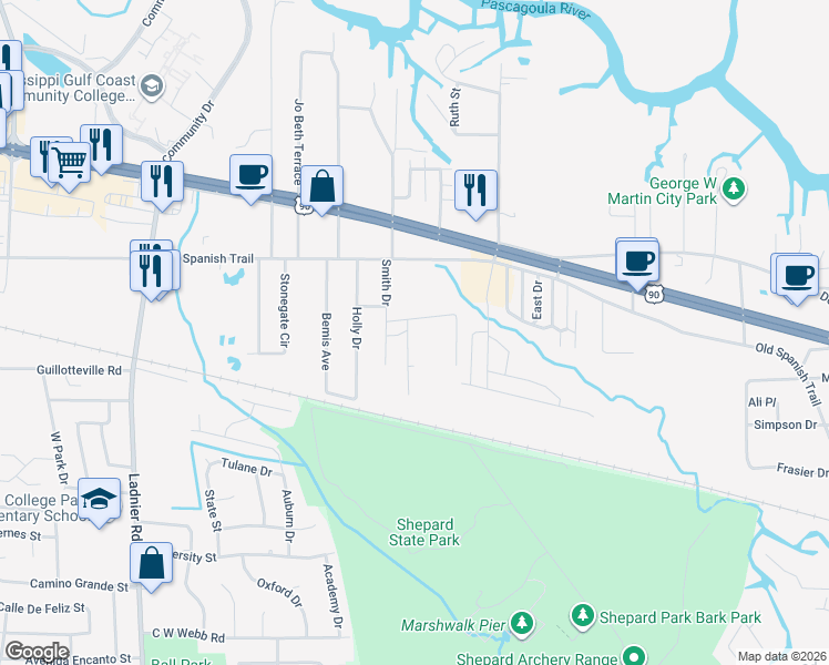 map of restaurants, bars, coffee shops, grocery stores, and more near 3021 Ridgedale Rd in Gautier