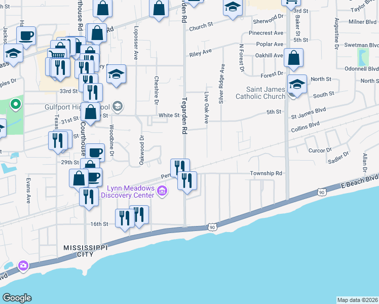 map of restaurants, bars, coffee shops, grocery stores, and more near 336 Tegarden Road in Gulfport