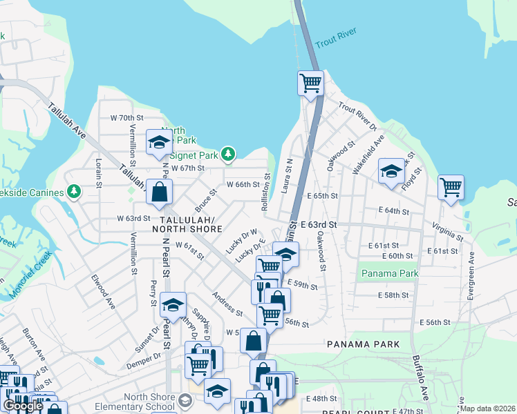 map of restaurants, bars, coffee shops, grocery stores, and more near 7310 Rolliston Street in Jacksonville