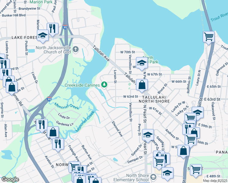 map of restaurants, bars, coffee shops, grocery stores, and more near 7317 North Shore Drive in Jacksonville