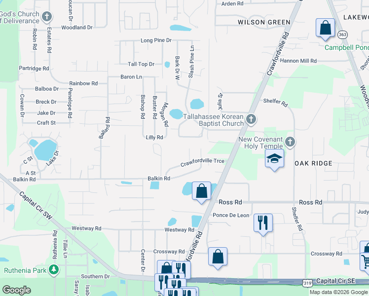 map of restaurants, bars, coffee shops, grocery stores, and more near 4422 Anastasia Court in Tallahassee