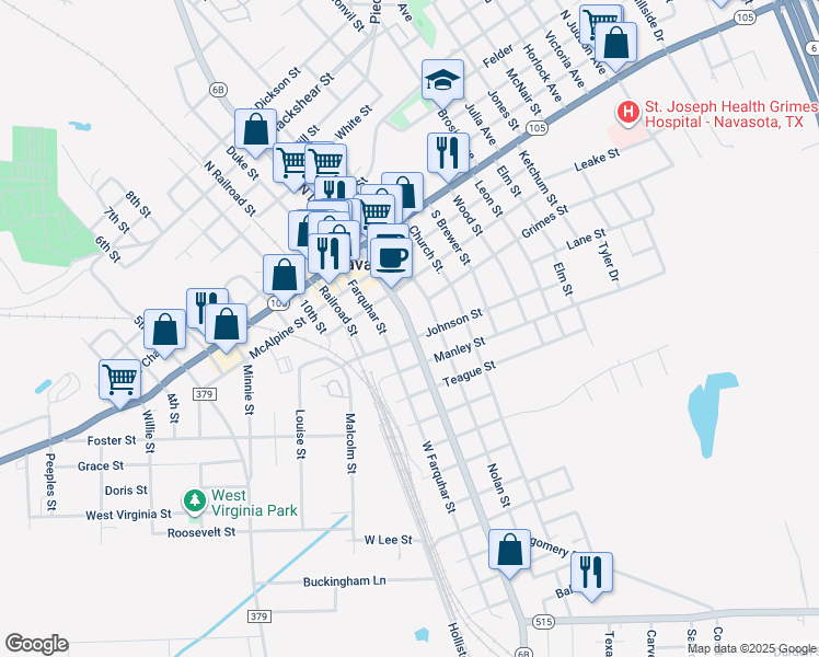 map of restaurants, bars, coffee shops, grocery stores, and more near 501 South Lasalle Street in Navasota
