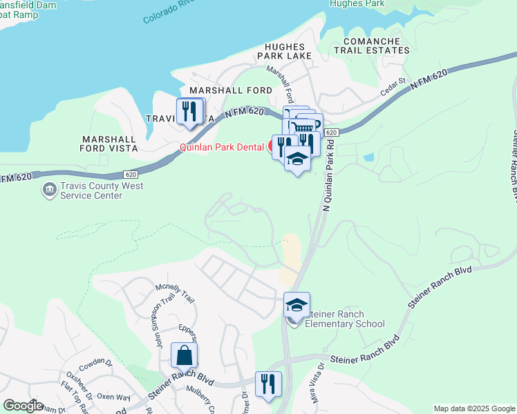 map of restaurants, bars, coffee shops, grocery stores, and more near 4306 North Quinlan Park Road in Austin