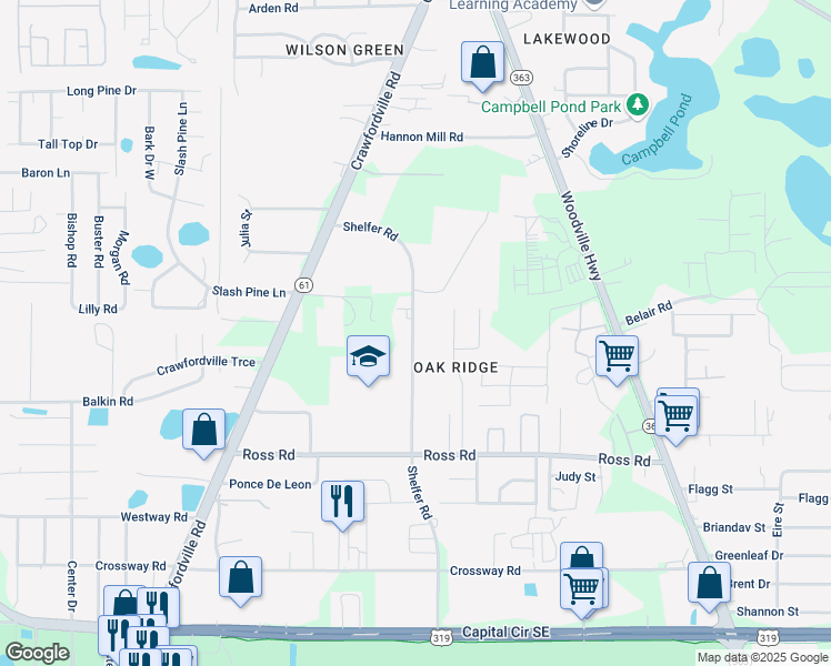 map of restaurants, bars, coffee shops, grocery stores, and more near 4551 Shelfer Road in Tallahassee