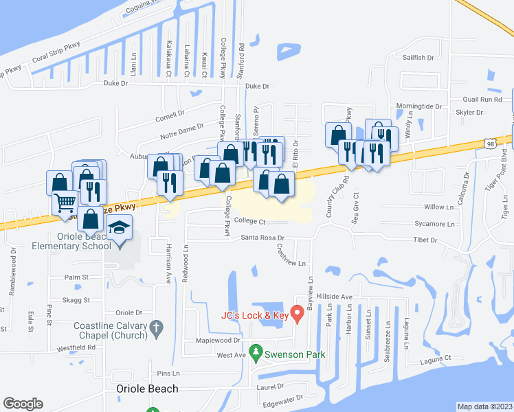 map of restaurants, bars, coffee shops, grocery stores, and more near 3355 Gulf Breeze Parkway in Gulf Breeze