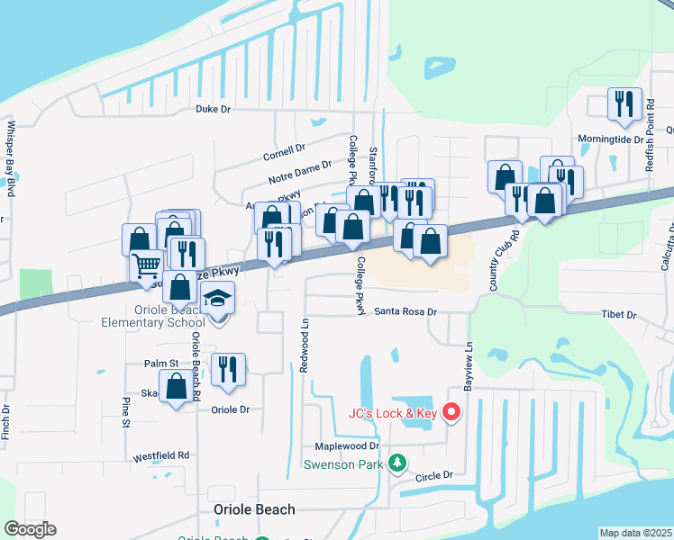 map of restaurants, bars, coffee shops, grocery stores, and more near 3238 Redwood Lane in Gulf Breeze
