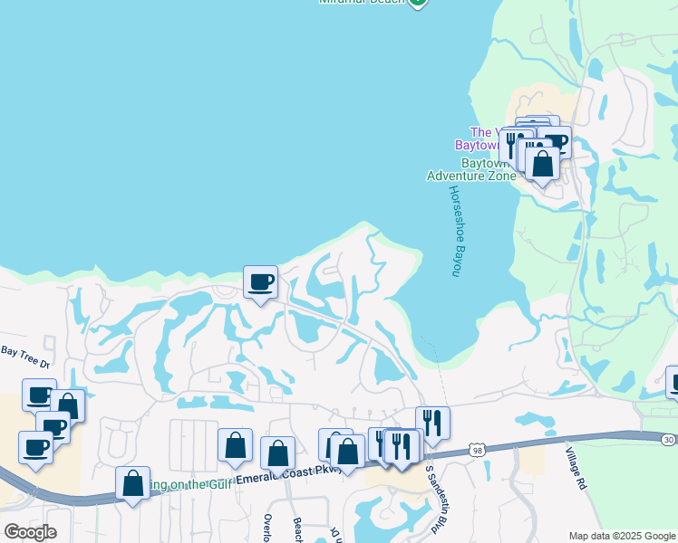 map of restaurants, bars, coffee shops, grocery stores, and more near 823 Harbour Point Lane in Miramar Beach