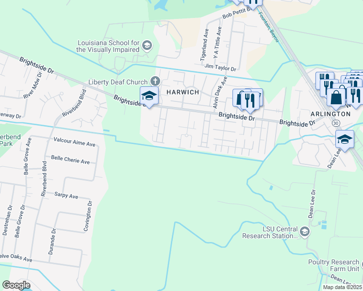 map of restaurants, bars, coffee shops, grocery stores, and more near 5615 Moorstone Dr in Baton Rouge