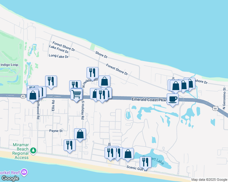 map of restaurants, bars, coffee shops, grocery stores, and more near 12236 U.S. Highway 98 West in Destin