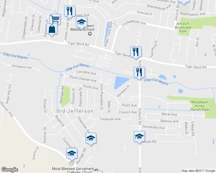 map of restaurants, bars, coffee shops, grocery stores, and more near 15423 Profit Avenue in Baton Rouge