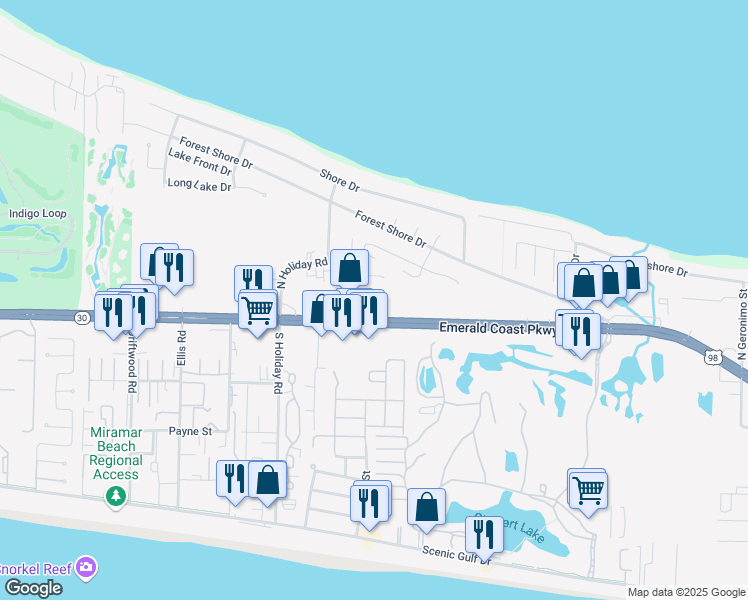 map of restaurants, bars, coffee shops, grocery stores, and more near 12272 U.S. Highway 98 West in Destin