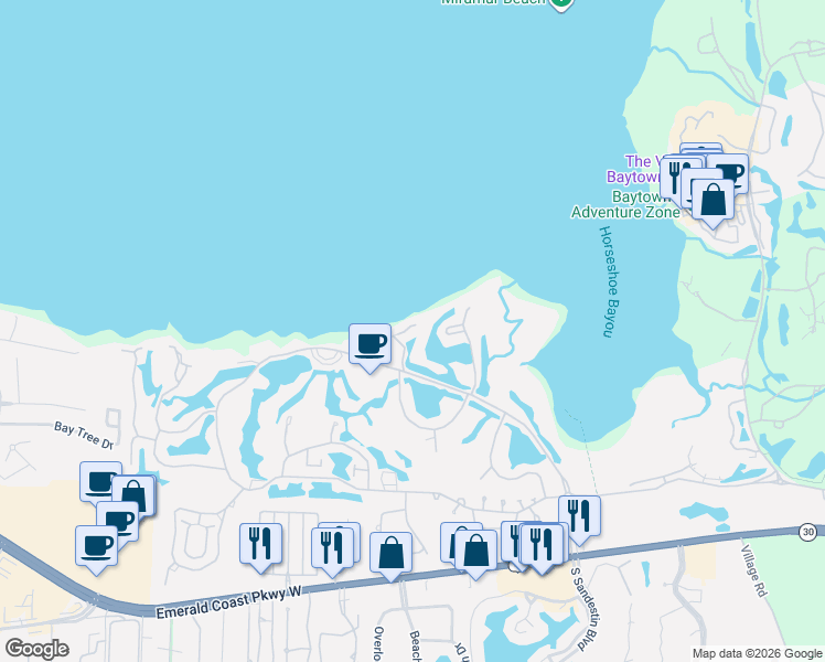 map of restaurants, bars, coffee shops, grocery stores, and more near 984 Northshore Drive in Miramar Beach