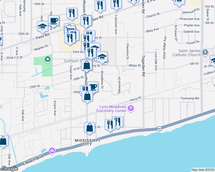 map of restaurants, bars, coffee shops, grocery stores, and more near 230 Woodbine Drive in Gulfport