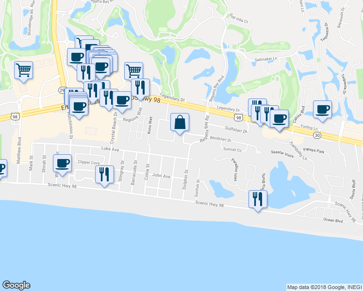 map of restaurants, bars, coffee shops, grocery stores, and more near 4559 Wood Wind Drive in Destin