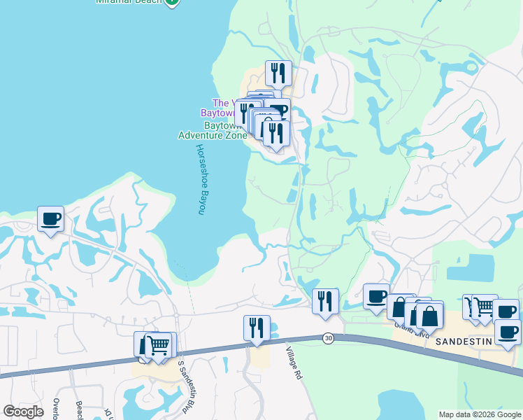 map of restaurants, bars, coffee shops, grocery stores, and more near 8714 Anchorage Drive in Destin