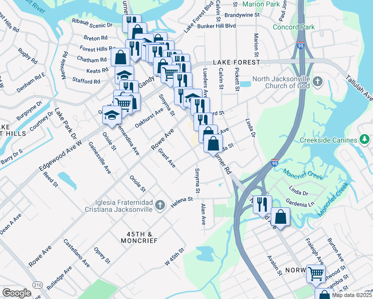 map of restaurants, bars, coffee shops, grocery stores, and more near 1432 Lila Street in Jacksonville