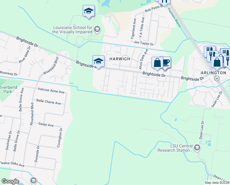map of restaurants, bars, coffee shops, grocery stores, and more near 5615 Moorstone Drive in Baton Rouge
