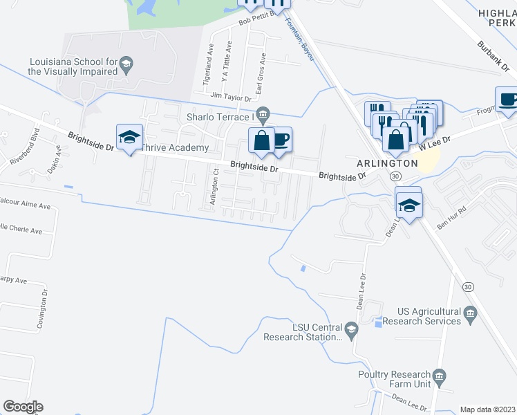 map of restaurants, bars, coffee shops, grocery stores, and more near 1806 South Brightside View Drive in Baton Rouge