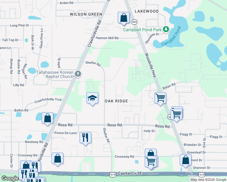 map of restaurants, bars, coffee shops, grocery stores, and more near 4419-4551 Shelfer Road in Tallahassee