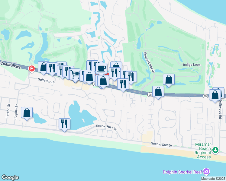 map of restaurants, bars, coffee shops, grocery stores, and more near 96 Trista Terrace Court in Destin