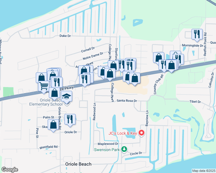 map of restaurants, bars, coffee shops, grocery stores, and more near 1348 Redwood Lane in Gulf Breeze