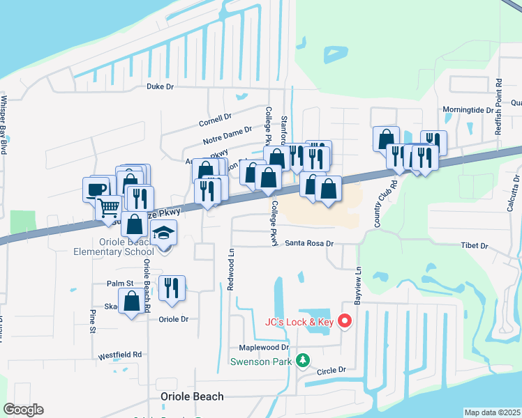map of restaurants, bars, coffee shops, grocery stores, and more near 1348 Redwood Lane in Gulf Breeze