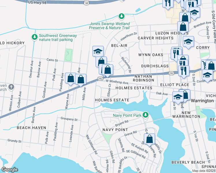 map of restaurants, bars, coffee shops, grocery stores, and more near 4 Ellis Drive in Pensacola