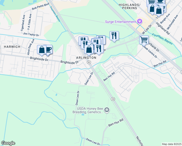 map of restaurants, bars, coffee shops, grocery stores, and more near 900 Dean Lee Drive in Baton Rouge
