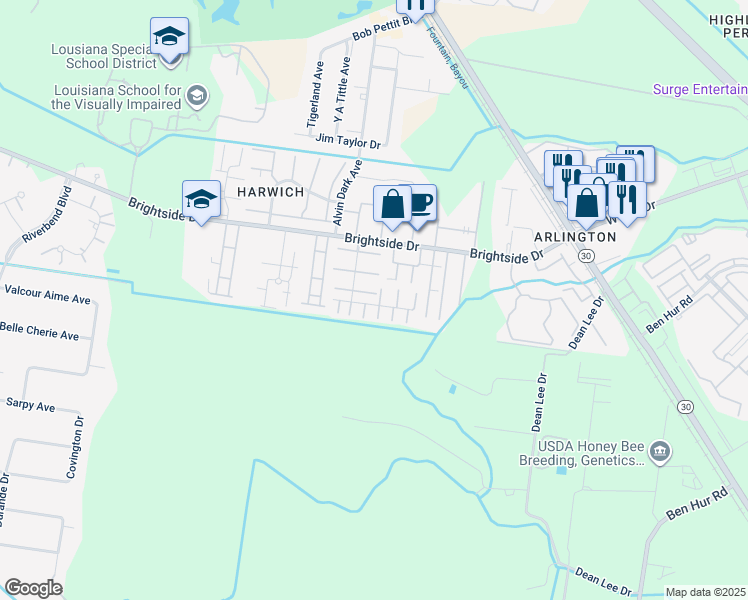 map of restaurants, bars, coffee shops, grocery stores, and more near 1943 South Brightside View Drive in Baton Rouge
