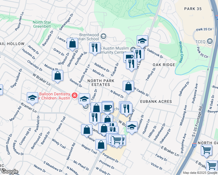 map of restaurants, bars, coffee shops, grocery stores, and more near 907 North Bend Drive in Austin
