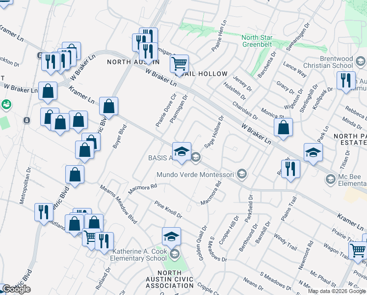 map of restaurants, bars, coffee shops, grocery stores, and more near 1701 Kramer Lane in Austin