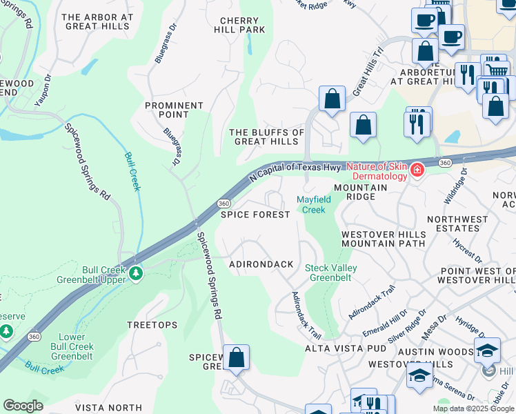 map of restaurants, bars, coffee shops, grocery stores, and more near 8541 North Capital of Texas Highway in Austin