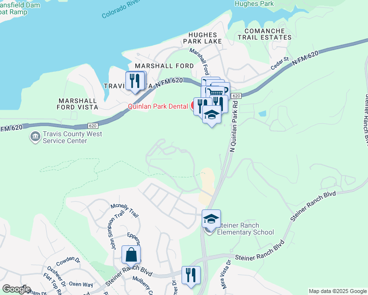 map of restaurants, bars, coffee shops, grocery stores, and more near 4306 North Quinlan Park Road in Austin