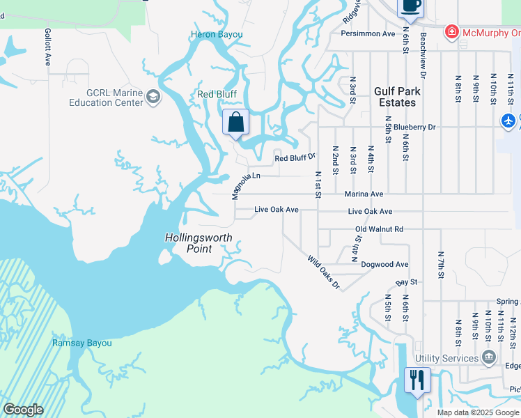 map of restaurants, bars, coffee shops, grocery stores, and more near 9600 Oak Crest Lane in Ocean Springs