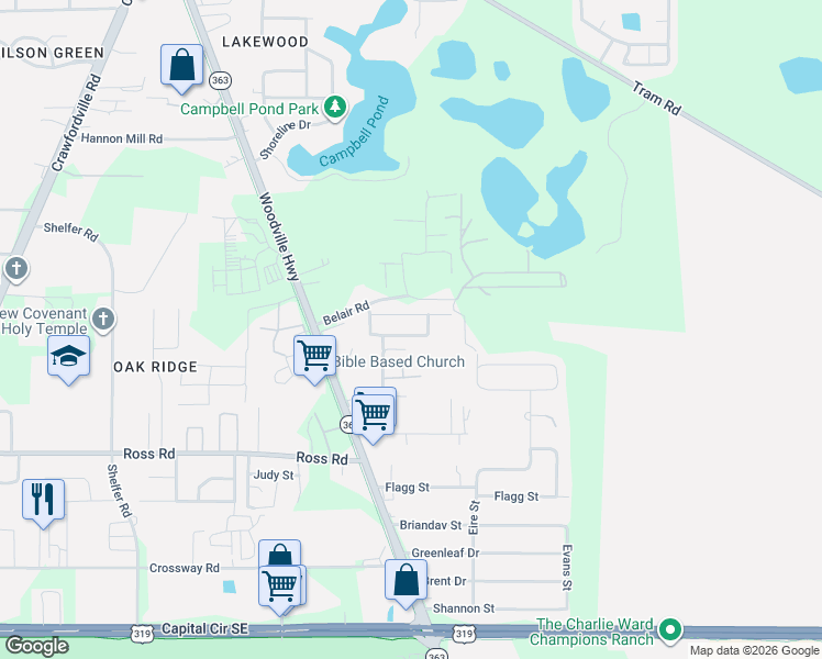 map of restaurants, bars, coffee shops, grocery stores, and more near 5254 Montejo Drive in Tallahassee
