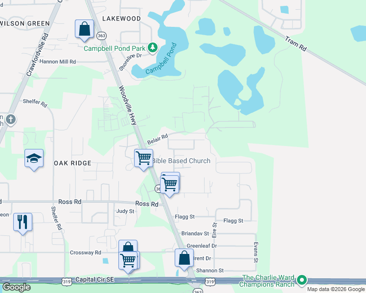 map of restaurants, bars, coffee shops, grocery stores, and more near 5254 Montejo Drive in Tallahassee