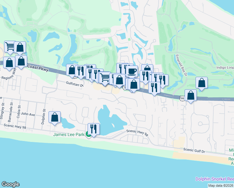 map of restaurants, bars, coffee shops, grocery stores, and more near 124 Tranquility Lane in Destin