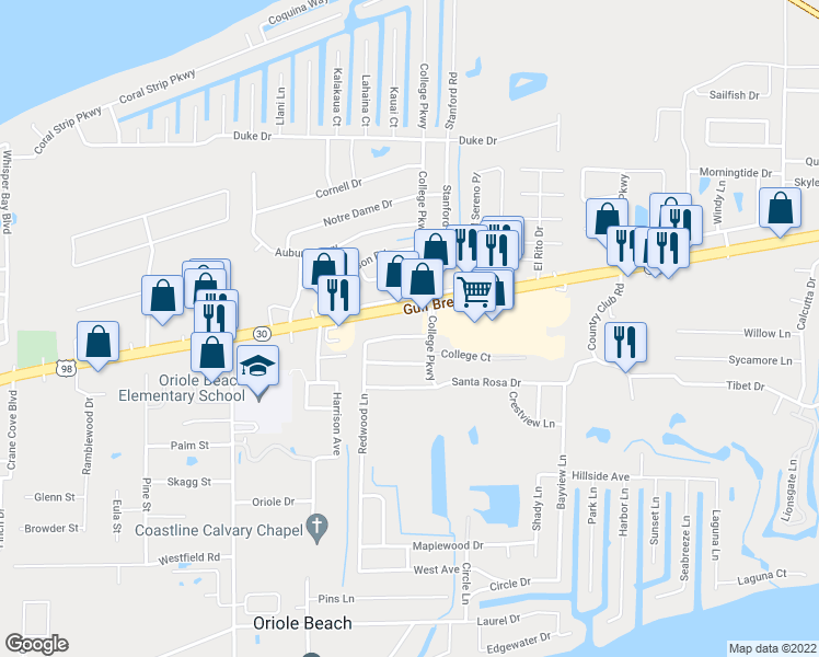 map of restaurants, bars, coffee shops, grocery stores, and more near 3244 Redwood Lane in Gulf Breeze