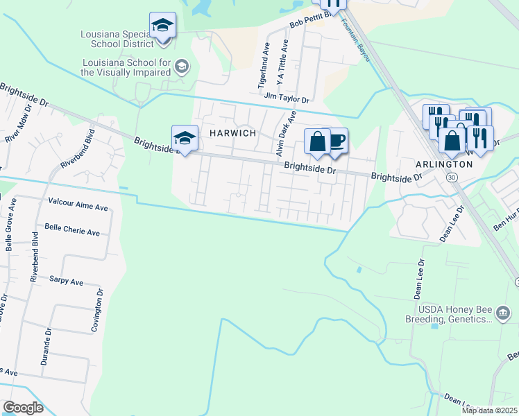 map of restaurants, bars, coffee shops, grocery stores, and more near 5836 Arlington Court in Baton Rouge