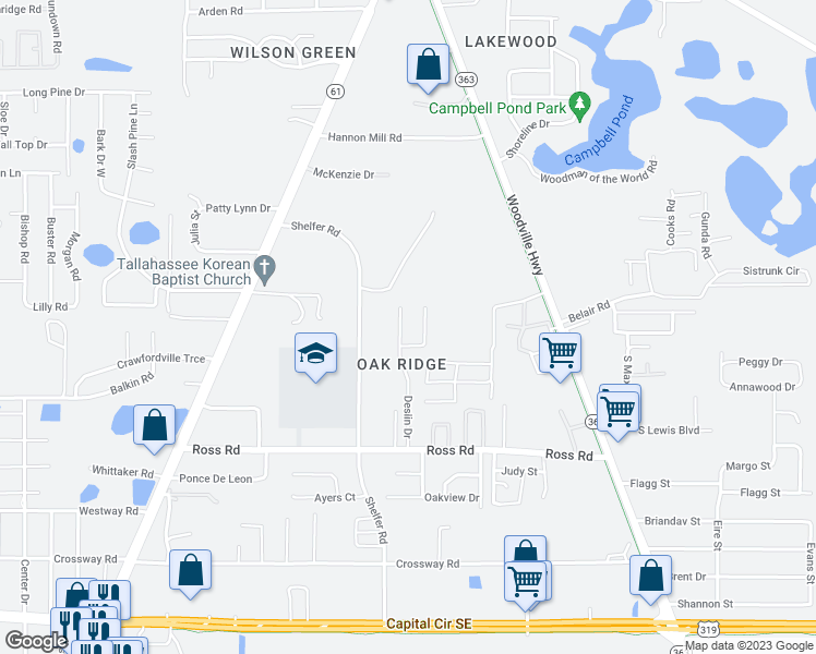 map of restaurants, bars, coffee shops, grocery stores, and more near 4527 Deslin Drive in Tallahassee