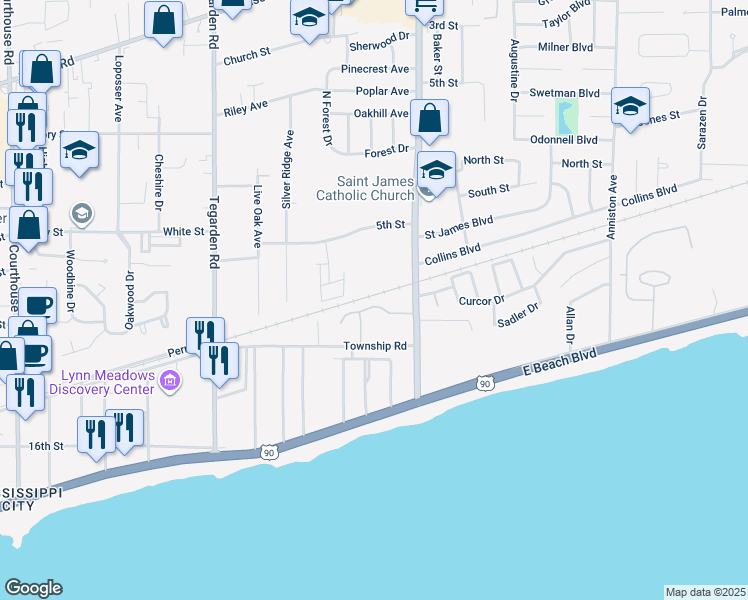 map of restaurants, bars, coffee shops, grocery stores, and more near 1281 Century Oaks Drive in Gulfport