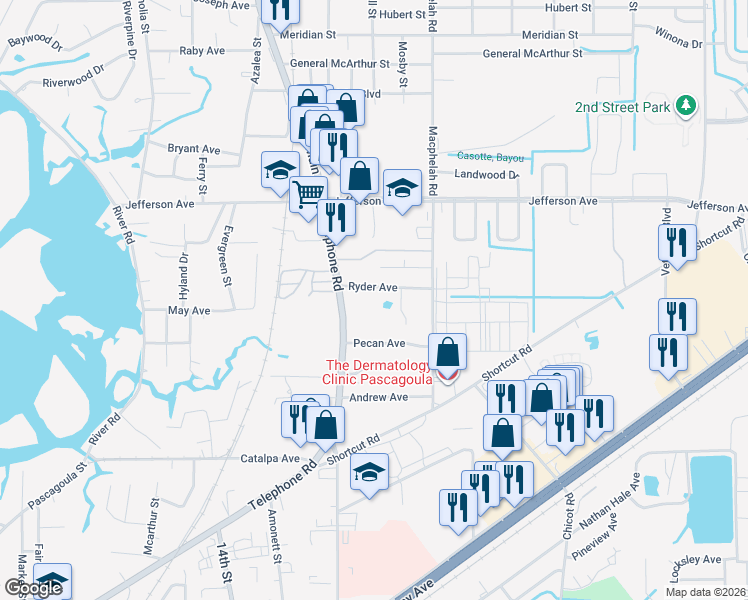 map of restaurants, bars, coffee shops, grocery stores, and more near 5319 Gatlin St in Pascagoula