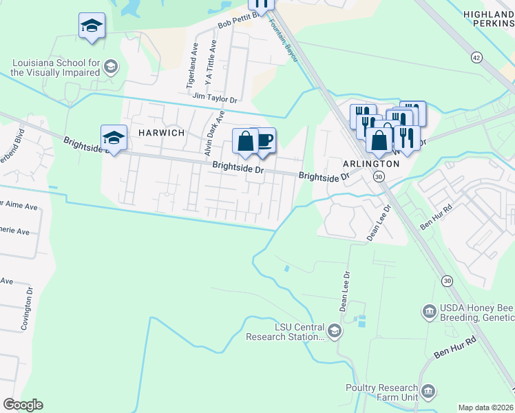 map of restaurants, bars, coffee shops, grocery stores, and more near 1707 South Brightside View Drive in Baton Rouge