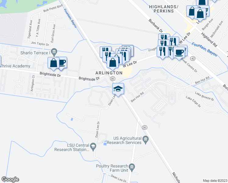 map of restaurants, bars, coffee shops, grocery stores, and more near 906 Dean Lee Drive in Baton Rouge