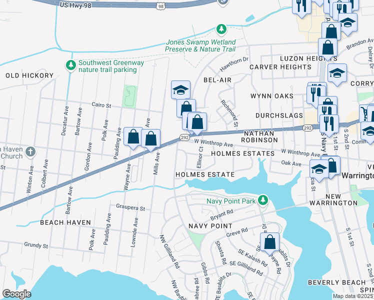 map of restaurants, bars, coffee shops, grocery stores, and more near 4 Ellis Drive in Pensacola